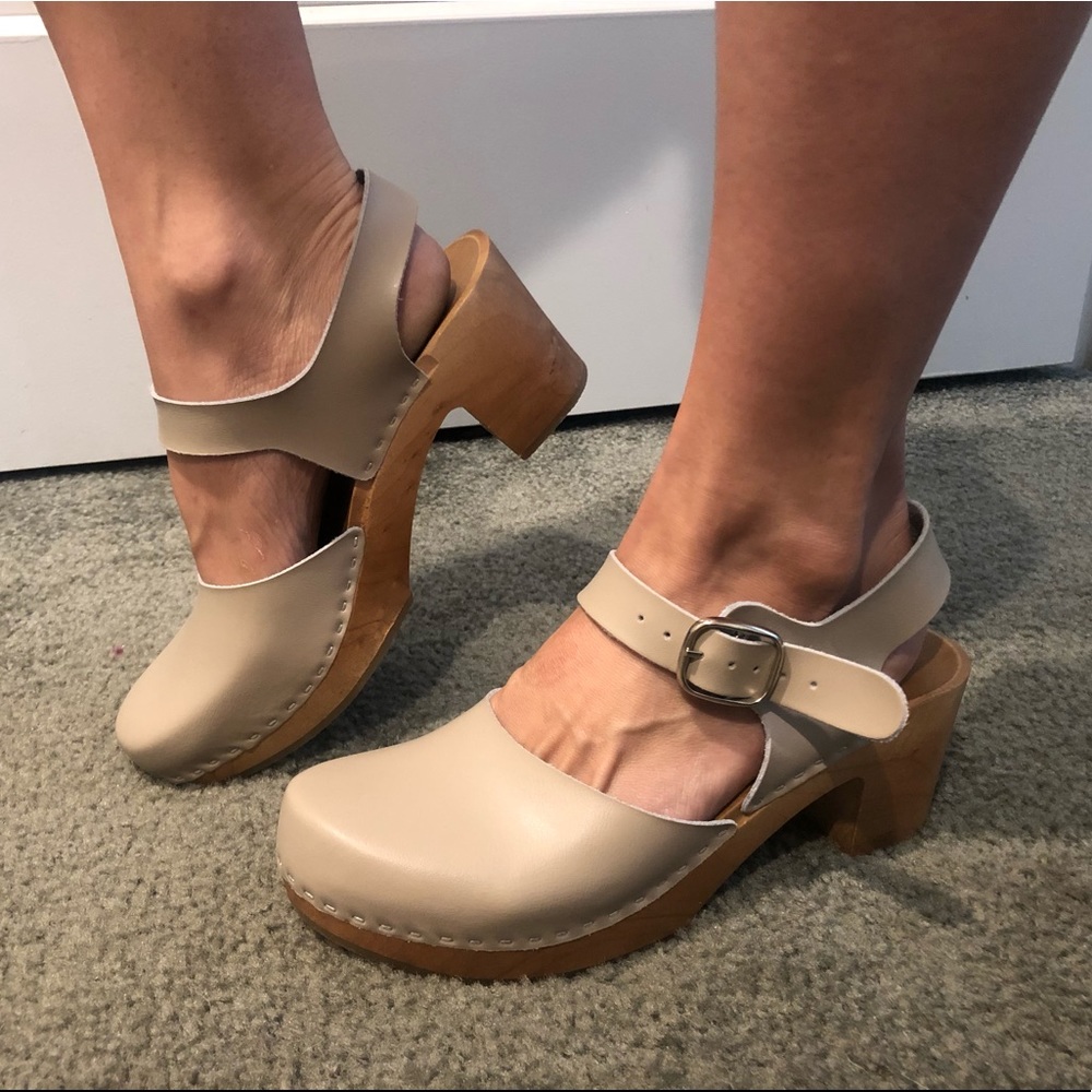 Leather strappy clog heels